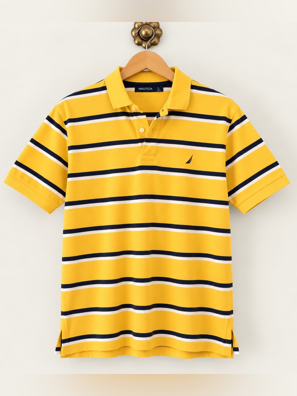 Nautica Men’s Large Yellow Navy White Striped Short Sleeve Polo Shirt
